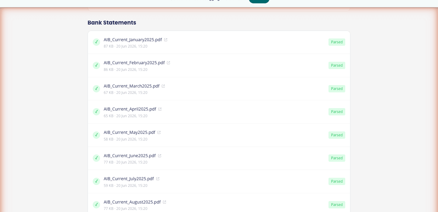 PackCheck job detail with month-by-month bank-statement coverage